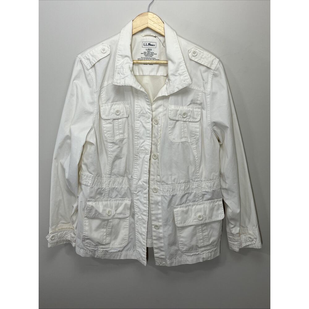 LL Bean Cargo Lightweight Cotton Jacket Womens Large Cream Button Up Casual